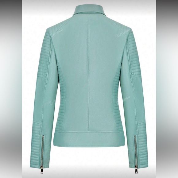 Teal Blue-Green Cropped Faux Leather Jacket-Asymmetric Zip, Edgy Casual Style - Picture 3 of 7